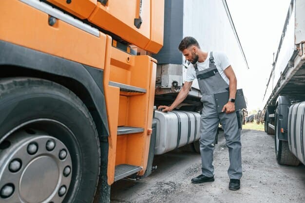 Mecânico realiza a manutenção preventiva do caminhão.